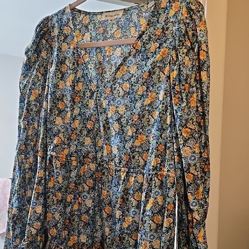 Blue and Yellow Long Sleeve Bishop Sleeve Sundress